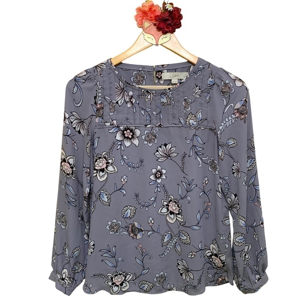 LOFT blouse pleated yoke dusty purple floral button cuff top size XXSP